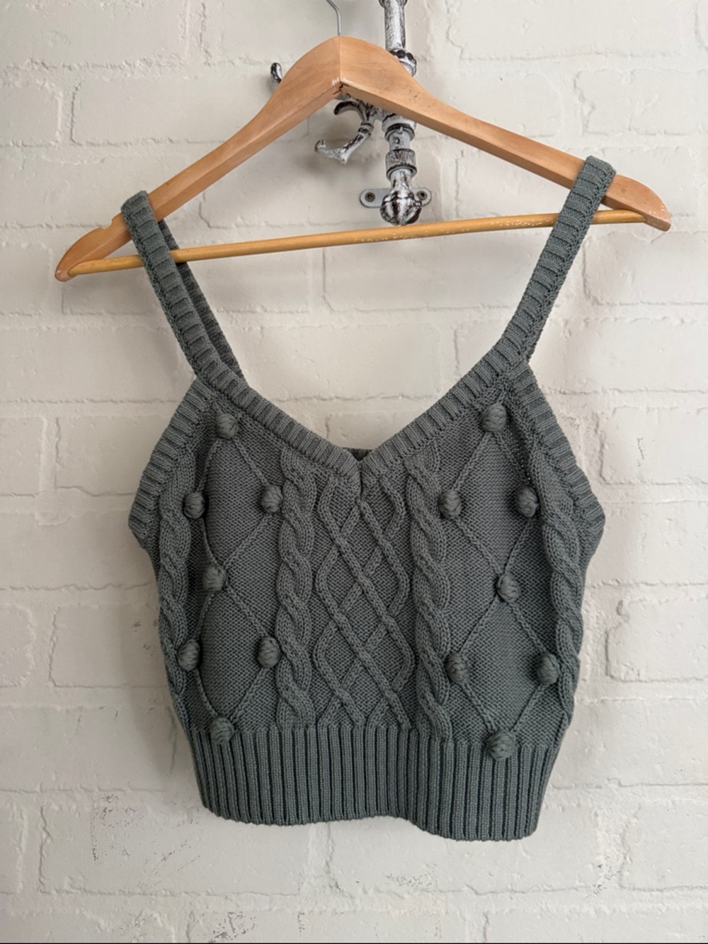 Cable Knit tank top forever 21 F21 knoted Pom Pom crop sage green